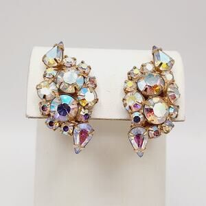 Vintage 1960s Aurora Borealis Rhinestone Clip Earrings Gold Tone